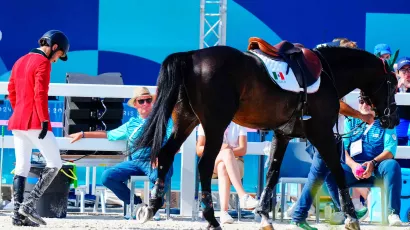 Andrés Azcárraga, eliminado de la final de salto tras caer de su caballo